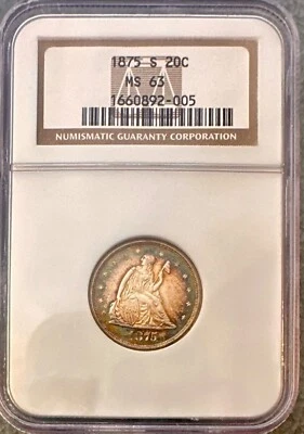  1875-S Liberty Seated Silver Twenty-Cent Piece NGC MS 63 Nice Sweet Toning - Image 1 of 4