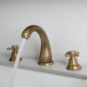 Antique Brass Bathroom Sink Tap 3 Holes Deck Mount Basin Mixer Faucet 2 Handles - Picture 1 of 7
