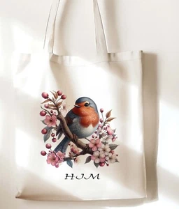 ROBIN White Soft Tote Bag Canvas Shoulder Handle Bags Shopping bag personalise - Picture 1 of 10