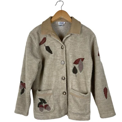 Vintage 90s Teddi Women’s Size Small Tan Fleece Fall Leaves Jacket Cottagecore - Image 1 of 4