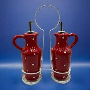 Temptations Oil & Vinegar Cruets Set Red & White Polka Dot With Caddy Retired - Picture 1 of 12