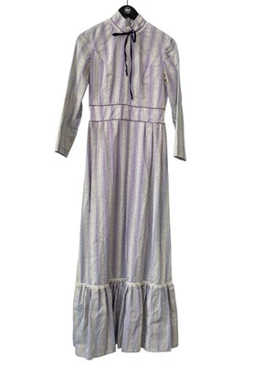 Vintage Maxi Dress Floral Stripe Embroidered Purple Ivory Lace Prairie Victorian - Image 1 of 4