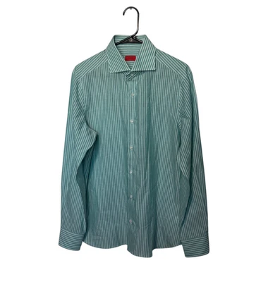 Isaia Napoli Shirt Mens Size 16/41 Medium Green Striped Cotton Linen Made Italy - Image 1 of 4