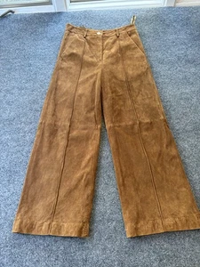 STAUD Pants Womens 4 Camel Brown Suede Leather Wide Leg High Rise Lined Pockets - Picture 1 of 12