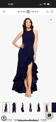 Betsy + Adam ARIELLE SCUBA RUFFLE SLIT GOWN NWT, Size 10P- Navy - Image 1 of 4