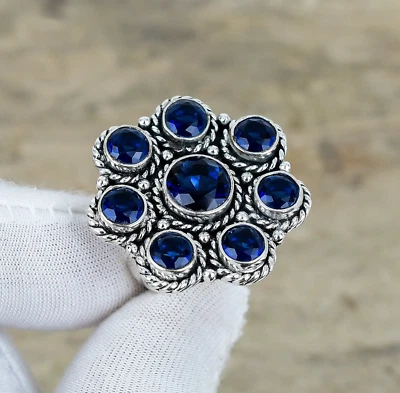 Zaffiro Blu Creato IN Laboratorio Gemma Anello 925 Argento Sterling Boho Per Lei - Immagine 1 di 4