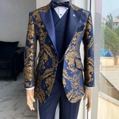 Jacquard Floral Suits for Men Wedding Navy Blue Gold Jacket Vest Pant 3 Pieces - Image 1 of 4