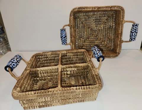 2 Serving Basket wooden Handles Seagrass Rattan divided blue decor Home Party Cover
