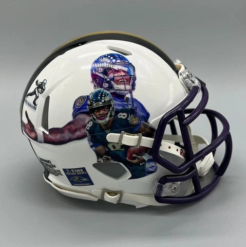LAMAR JACKSON CUSTOM ART BALTIMORE RAVENS RIDDELL SPEED MINI HELMET *VERY NICE* Cover