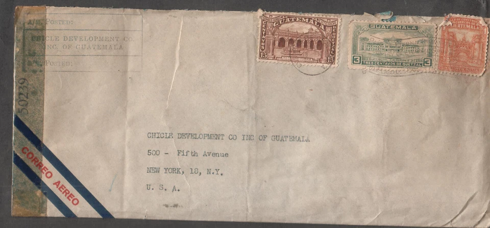 Guatemala 1944 Segunda Guerra Mundial censor 50239 cubierta Chicle Development Co Inc a 5th Ave NY Foto 1 de 1