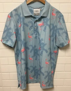 Mens Flamingo Polo Shirt Pink Flamingos Aqua Short Sleeve Poly Stretch Knit LG - Picture 1 of 7