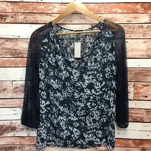 NUEVO Ann Taylor LOFT Mujer Azul Marino Transparente/Encaje Mangas 3/4 Campesino Pop Sobre Top. - Imagen 1 de 7
