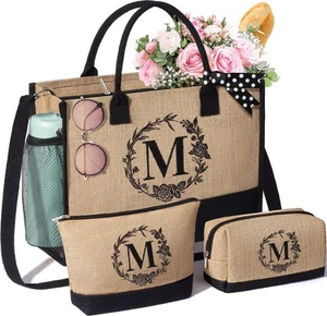 Personalized Gifts for Women Tote Bag, Initial Jute Tote Bag & Makeup Bags Mo... - Picture 1 of 8