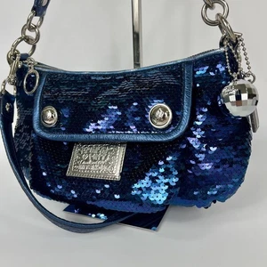 Coach 15381 Sequin Poppy 2Way Shoulder Handbag Blue Japan Limited Very Good - Picture 1 of 16
