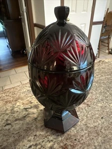 Stunning Ruby Red Luminarc Egg Shaped Pedestal Candy Dish w/Lid-VTG - Picture 1 of 7