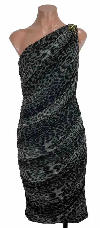 Vestido Tadashi Shoji Noche Midi Estampado Leopardo Talla S Un Hombro Acanalado Cóctel Foto 1 de 4