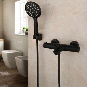 Juego de grifo mezclador de bañera termostático negro de montaje en pared - Imagen 1 de 6