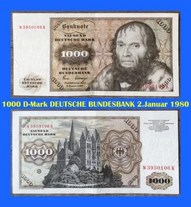Ⓜ️ 1000 Deutsche Mark ☘️ 2.Januar 1980 DM 💥 Schein Bundesbank 🍄 W 3950106 K 🌐 - Bild 1 von 4