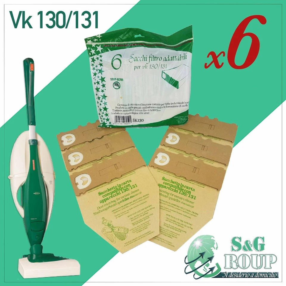 6 SACCHETTI SACCHI BUSTE FILTRO CARTA ASPIRAPOLVERE FOLLETTO VORWERK VK130 131