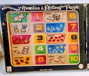 Vintage Educational Numbers & Pictures Wood Puzzle Nichigan Toy Made in Japan