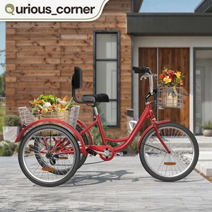 26" Adult Unisex Cruiser Tricycle Trike 7 Speed Gear w/ Removable Basket Red - Picture 1 of 11