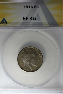 1916 .05  ANACS  EF 45  Buffalo Nickel, Indian Nickel, 5 Cent Piece - Image 1 of 2