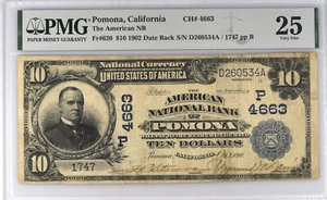 1902 $10 American National Bank Note Pomona CA PMG VF25 Very Fine FR #620 - Picture 1 of 2