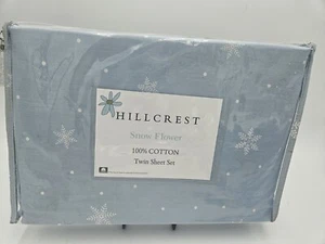 New HILLCREST Blue Snow Flower Snowflake Winter 100% COTTON 3 PC TWIN Sheet Set - Picture 1 of 4