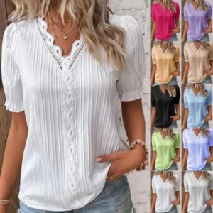 Womens V neck Summer T-Shirt Ladies Blouse Short Sleeve Tops Pullover Plus Size - Picture 1 of 22