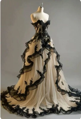 Elegant Sweetheart Gothic Wedding Dresses Sweep Train Tulle Print Ruffles - Image 1 of 4