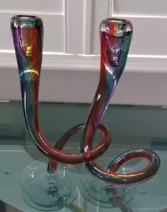 2 Glass Blown Swirled Multicolor Candle Holders 10.5" Tall Candles Not Included - Picture 1 of 24