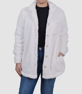 Chaqueta Sherpa Para Mujer Colección NY Marfil Manga Larga Botón Frontal Pequeña Talla PXL Foto 1 de 2