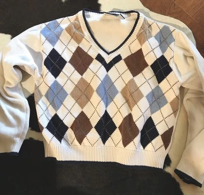 Suéter Argyle Vintage Mujer Grande Blanco Azul Liz Sport Años 80 Tejido Claiborne Foto 1 de 4