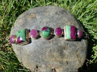 Brazalete de cadena de piedras preciosas de zoisita rubí de plata maciza 925 de 7,25-8,5" ajustable Foto 1 de 4