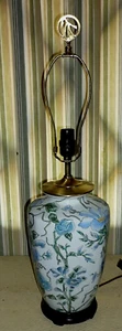 Large Chinese Pottery URN or JAR shaped lamp w/BLUE FLOWERS & green stems.  27 " - Picture 1 of 7