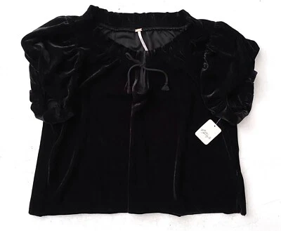Free People 上衣黑色垂褶缩褶锁眼领天鹅绒 Terese 上衣 S — 第 1/3 张图片