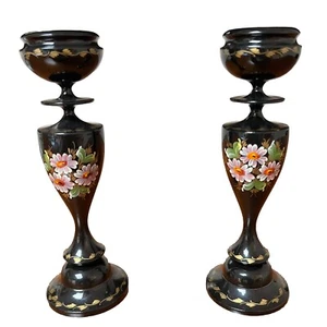 Candelabro de colección par de candelabros de madera lacada negra pintado a mano Ucrania - Imagen 1 de 8