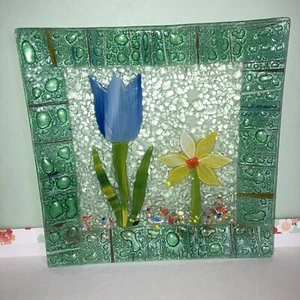 🎀 AR Design Collection. Art Glass Fused Plate. Flowers. 8”x8”. Square Vintage - Picture 1 of 7