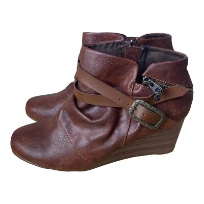 Blowfish Brown Faux Leather Wedge Boots With Zipper and Buckle Size 9.5 - Image 1 of 4