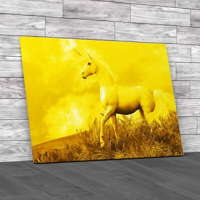 Enchanting Unicorn Stallion Amid Mist Yellow Canvas Print Large Picture Wall Art - Image 1 of 4