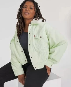 Levi's Women's Corduroy Sherpa Jacket Baggy Fit In Green And White $108 - Picture 1 of 3