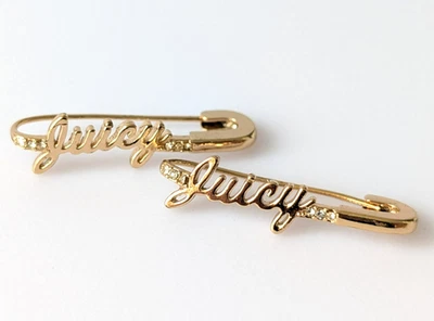 Juicy Couture Gold Tone Signature Logo Rhinestone Safety Pin Hoop Earrings Y2k - Image 1 of 4