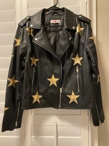 Chaqueta de cuero Joplin estrella motociclista negra/dorada grande calce relajado envío gratuito - Imagen 1 de 4