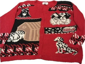 Vintage Cervelle roter Hund Welpe Handstrick Cardigan Pullover XL Defekt siehe Bild und Beschreibung - Bild 1 von 5