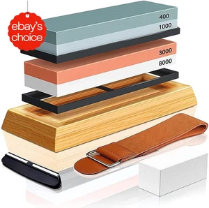 Knife Sharpening Stone Set 400/1000 3000/8000 with Rubber Base and Leather Strop - Picture 1 of 8