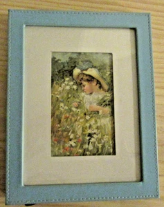 Framed Art Print Blue Faux Leather Frame Victorian Style Girl In Flowers Decor - Picture 1 of 12