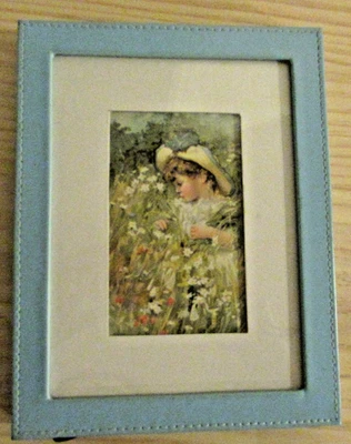 Framed Art Print Blue Faux Leather Frame Victorian Style Girl In Flowers Decor - Image 1 of 4