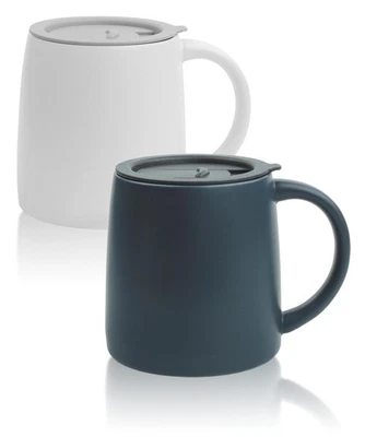 2 Pack 14oz Classic Mugs with Sliding Lids White Navy Blue Ceramic Tea Cups - Image 1 of 4