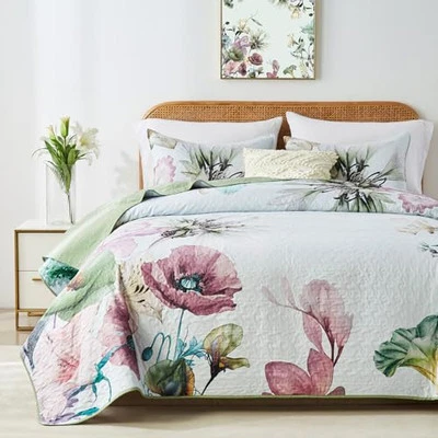  Juego de edredón tamaño king, elegante juego de cama verde con patrón botánico floral, 3  Foto 1 de 4