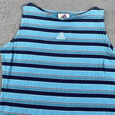 VINTAGE Adidas Shirt Girls XL Blue Striped Sleeveless Tank Top Cotton Y2K 2000s - Image 1 of 4